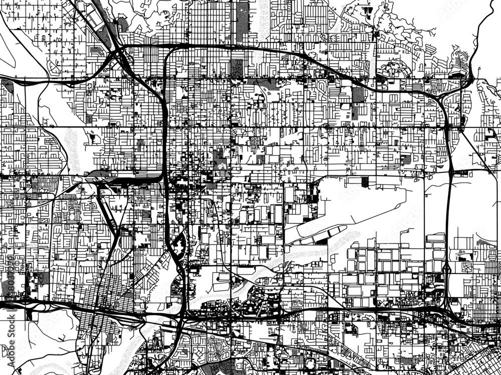 Greyscale vector city map of  San Bernardino California in the United States of America with with water, fields and parks, and roads on a white background.