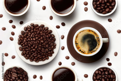 Aromatic morning coffee in white porcelain cup with beans on white background. Top view.