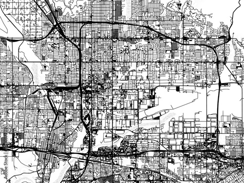 Greyscale vector city map of  San Bernardino California in the United States of America with with water  fields and parks  and roads on a white background.