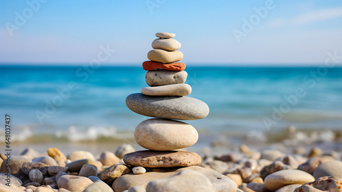 stack of rocks on the beach near the ocean Generative AI