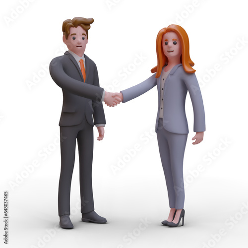 Handshake. Businessman and businesswoman make deal. Greeting gesture. Partners closing deal. Equality. Characters in business suits. Color vector concept