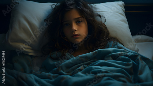 arafed young girl laying in bed with blue blanket and white pillow Generative AI