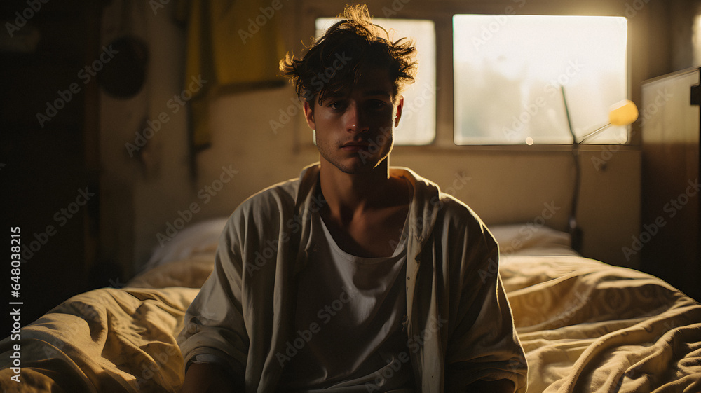 arafed man sitting on a bed in a dimly lit room Generative AI arafed man sitting on a bed in a dimly lit room Generative AI