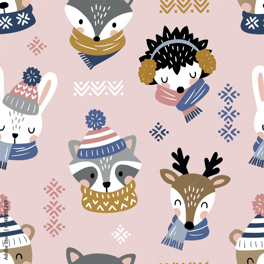 Seamless vector pattern with cute woodland animals in winter clothes. Perfect for textile, wallpaper or print design.
