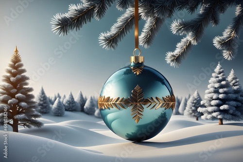 Winter holiday wallpaper. Christmas postcard. Festive Christmas ornaments and baubles. Christmas Tree Ball Design, 3D render. Perfect Winter Feeling.