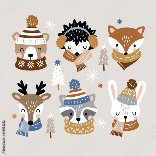 Seamless vector pattern with cute woodland animals in winter clothes. Perfect for textile, wallpaper or print design.