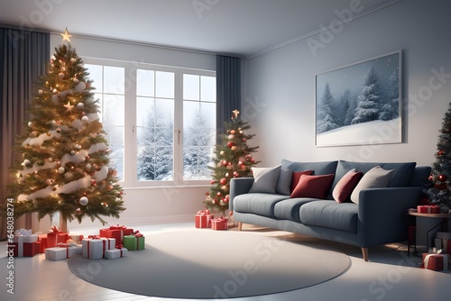 Christmas living room. Cozy and Warm Christmas Feeling. Christmas Fireplace. Christmas Interior. Christmas Tree With Fireplace and Stockings. Generative AI.