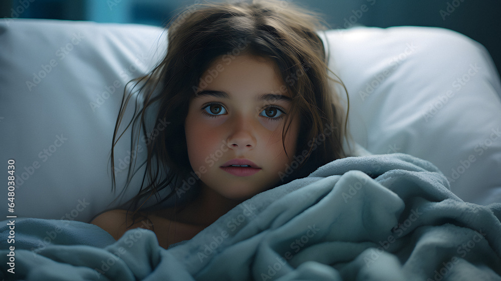 arafed young girl with blue eyes laying in bed under a blanket Generative AI arafed young girl with blue eyes laying in bed under a blanket Generative AI