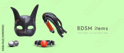 Black accessories for BDSM sessions. Items for game of mistress and slave. Sex shop goods. Hard sex. Horizontal banner with place for text. Concept of private club for adults