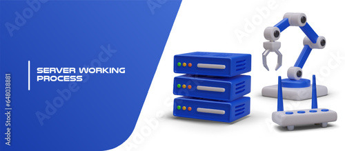 Server working process. Server rack, programmable manipulator, router. Wireless transmission of information. Modern IT technologies. Color vector template with text