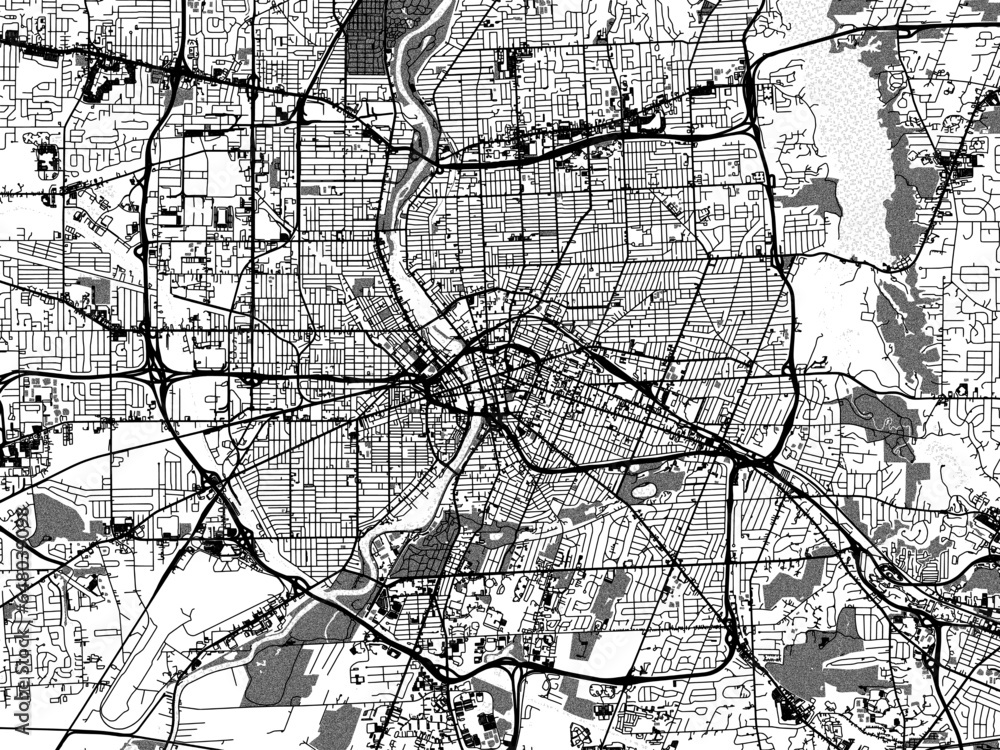 Greyscale vector city map of  Rochester New York in the United States of America with with water, fields and parks, and roads on a white background.