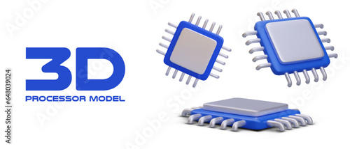 3D model of main processor. Set of machine codes, mathematical and logical operations of computer system. Isolated blue icons on white background. Vector CPU in different positions