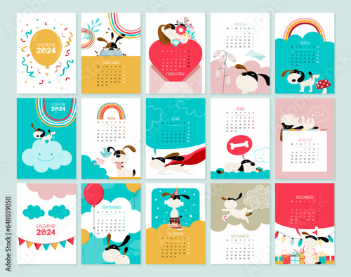 Calendar 2024 A4 with dog, cute full vector illustrations