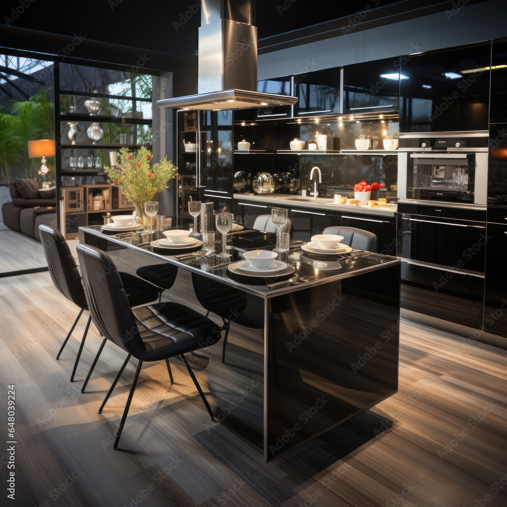 A stunning kitchen with glossy metal appliances 
