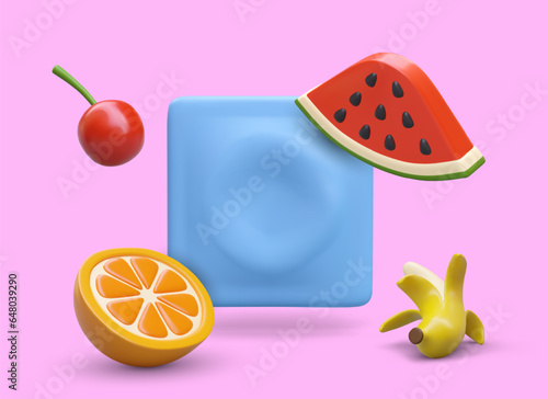 Giant unmarked realistic condom. Fruits and berries. Contraceptive with taste and aroma. Protection against venereal diseases, mockup on colored background