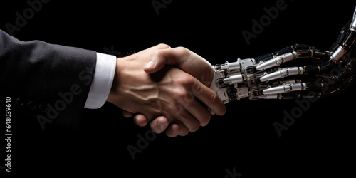 A human hand shaking a robotic hand, black background