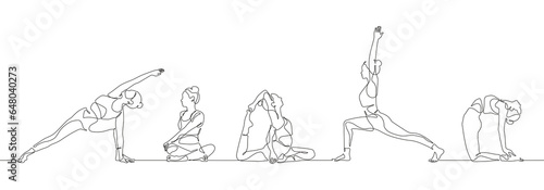Continuous one line women doing yoga. Aerobic sport girl exercise for modern healthy lifestyle