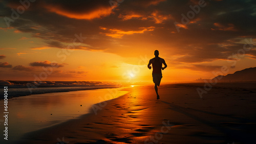 arafed man running on the beach at sunset with the sun setting Generative AI