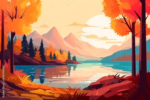 illustration auf beautiful colorful autumn landscape, trees, sun, forest, nature © epiximages