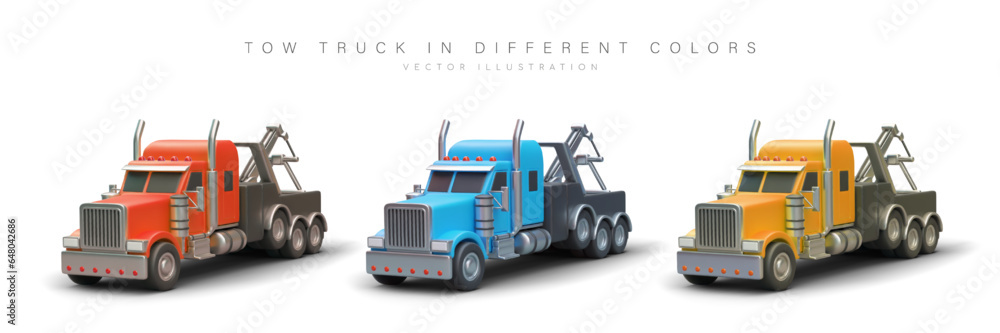 Set of 3D tow trucks of different colors. Isolated image on white background. Red, blue, yellow specialized truck, evacuator. Emergency car transportation services