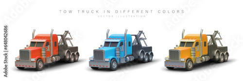 Set of 3D tow trucks of different colors. Isolated image on white background. Red, blue, yellow specialized truck, evacuator. Emergency car transportation services