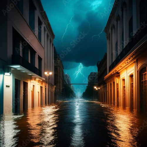 Flooded city street as a result of climate change and increase in extreme weather events. Generative AI