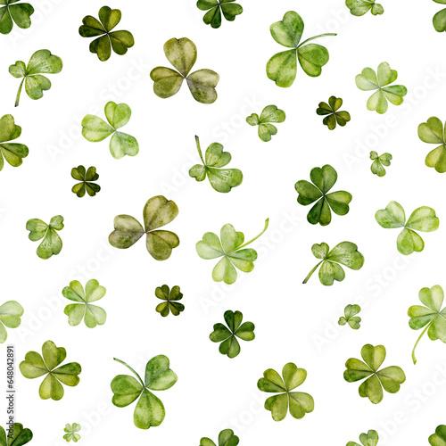 Watercolor hand drawn illustration, Saint Patrick holiday. Green lucky clover shamrock four-leaf. Ireland tradition. Seamless pattern Isolated on white background. Invitations, print, website, cards.