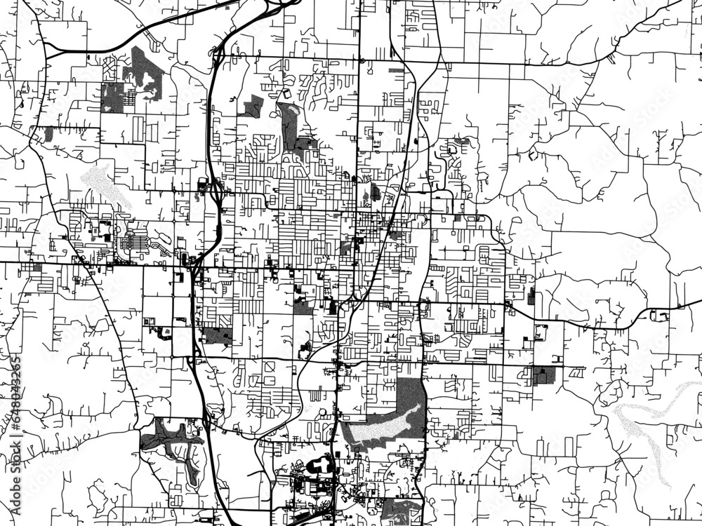 Greyscale vector city map of  Springdale Arkansas in the United States of America with with water, fields and parks, and roads on a white background.