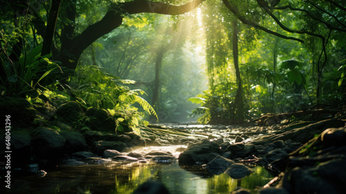 Misty Morning in the Green Forest  Serene Nature Landscape with Sunlight Filtering Through Leaves