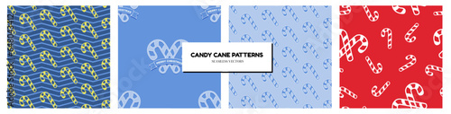 Seamless Candy Cane Patterns. Set of Blue and red candy cane christmas patterns on colored backgrounds. Perfect for gift wraps, wrapping paper, prints, backdrops. Vector Illustration.