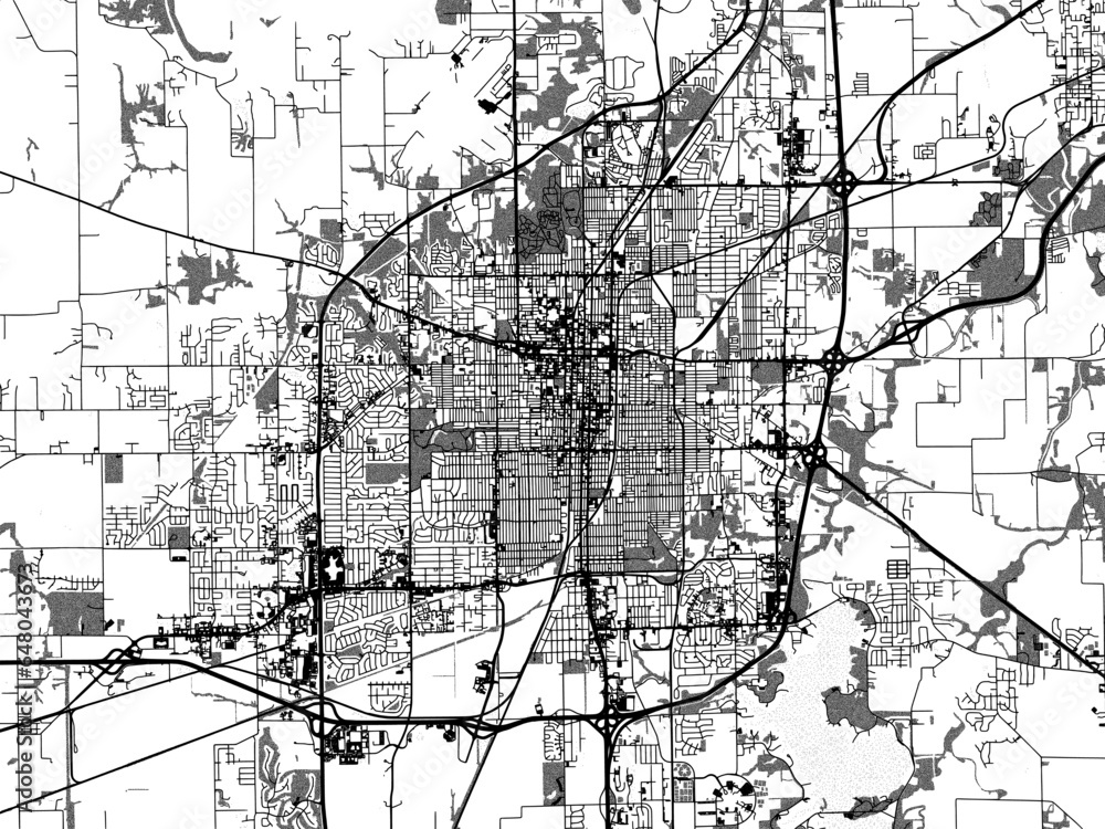 Naklejka premium Greyscale vector city map of Springfield Illinois in the United States of America with with water, fields and parks, and roads on a white background.