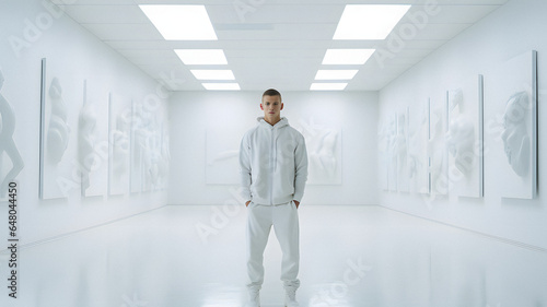 arafed man standing in a white room with paintings on the walls Generative AI