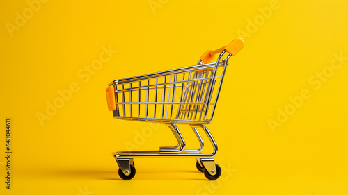 a close up of a shopping cart on a yellow background Generative AI
