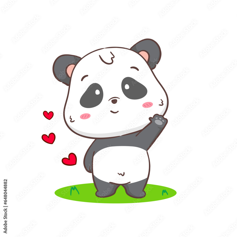 Cute panda waving hand cartoon character. Kawaii adorable animal concept design. Isolated white background. Vector art illustration Cute panda waving hand cartoon character. Kawaii adorable animal concept design. Isolated white background. Vector art illustration