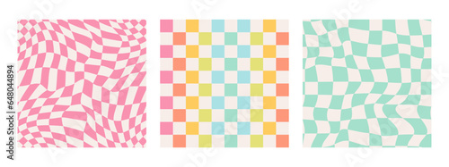 Colorful trendy checkerboard square seamless pattern collection. Set of geometric bright background in vintage psychedelic y2k style. Bright retro colors. Funny cute texture for surface design.