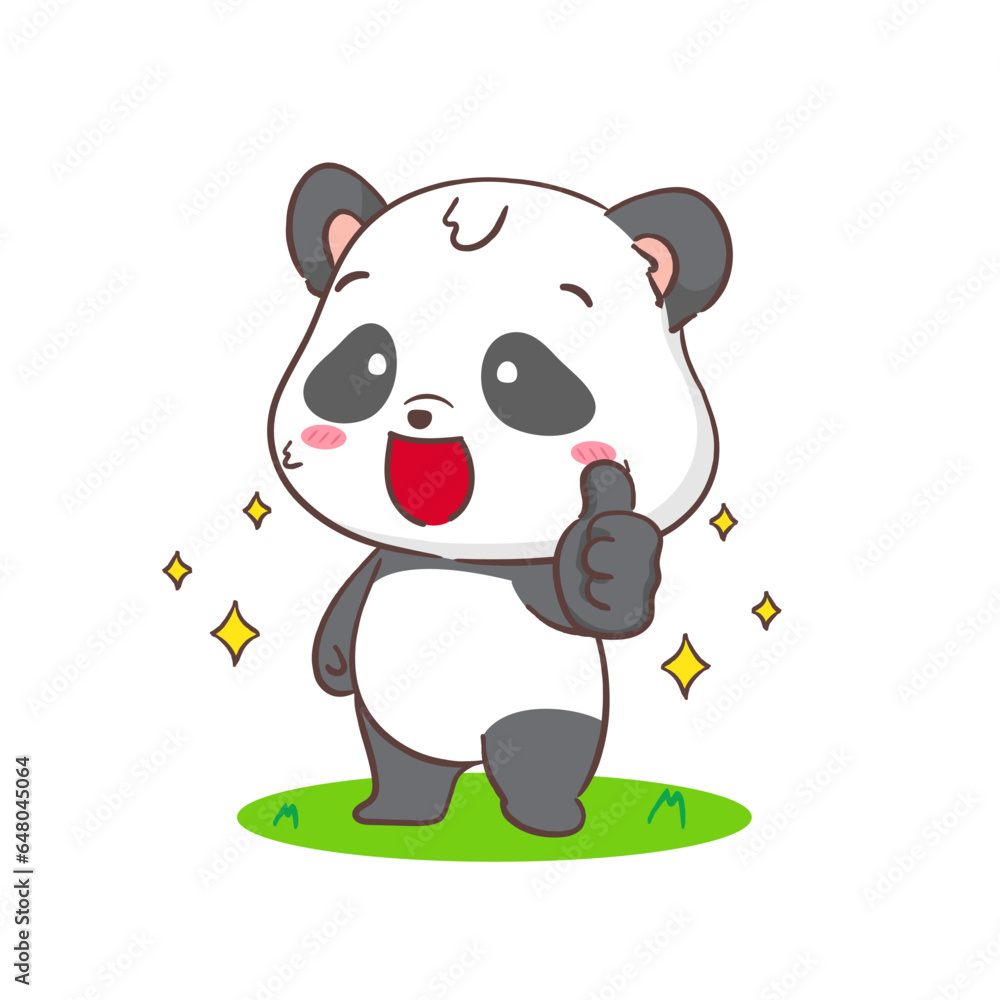 Naklejka premium Cute panda with thumb up cartoon character. Kawaii adorable animal concept design. Isolated white background. Vector art illustration