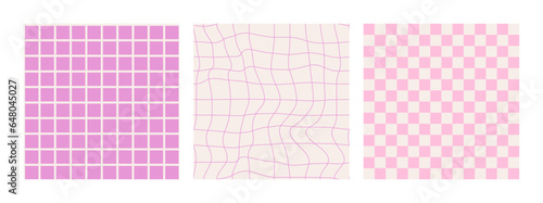 Colorful trendy checkerboard square seamless pattern collection. Set of geometric bright background in vintage psychedelic y2k style. Lilac and pink color. Funny cute texture for surface design.