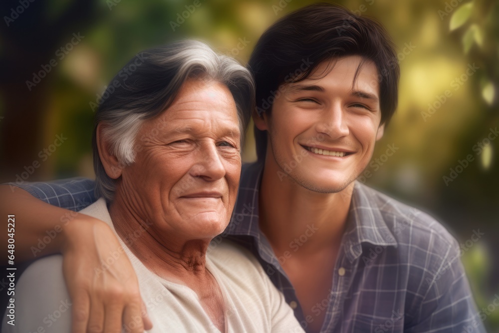 Happy elderly man and young men sitting in a park on a sunny day Happy elderly man and young men sitting in a park on a sunny day