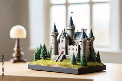 Miniatur bzw. Modell eines Schlosses oder einer Burg auf einem Tisch stehend. photo