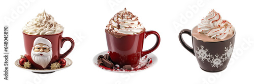 Obraz na plátne Sets of mugs with hot chocolate and whipped cream, Christmas design