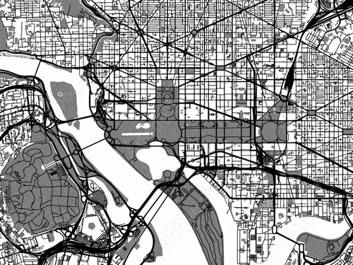 Greyscale vector city map of Washington District of Columbia in the United States of America with with water, fields and parks, and roads on a white background.