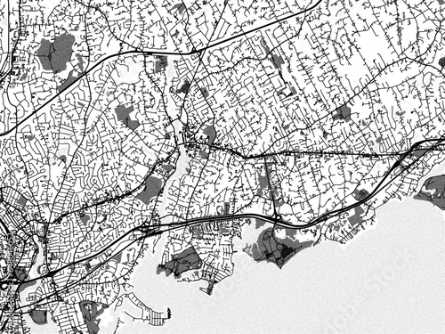 Greyscale vector city map of  Westport Connecticut in the United States of America with with water, fields and parks, and roads on a white background. photo