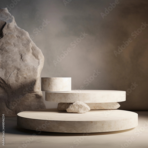 3D stone product display on vintage grunge background, Minimal marble showcase stage, simple nature dais, studio lighting, Generative AI.