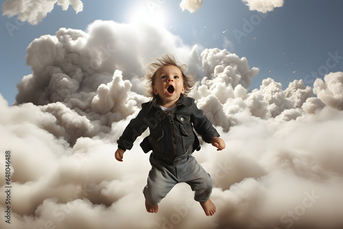 A whimsical and humorous image features a surprised baby flying through the sky amidst fluffy clouds and bright sunshine.
