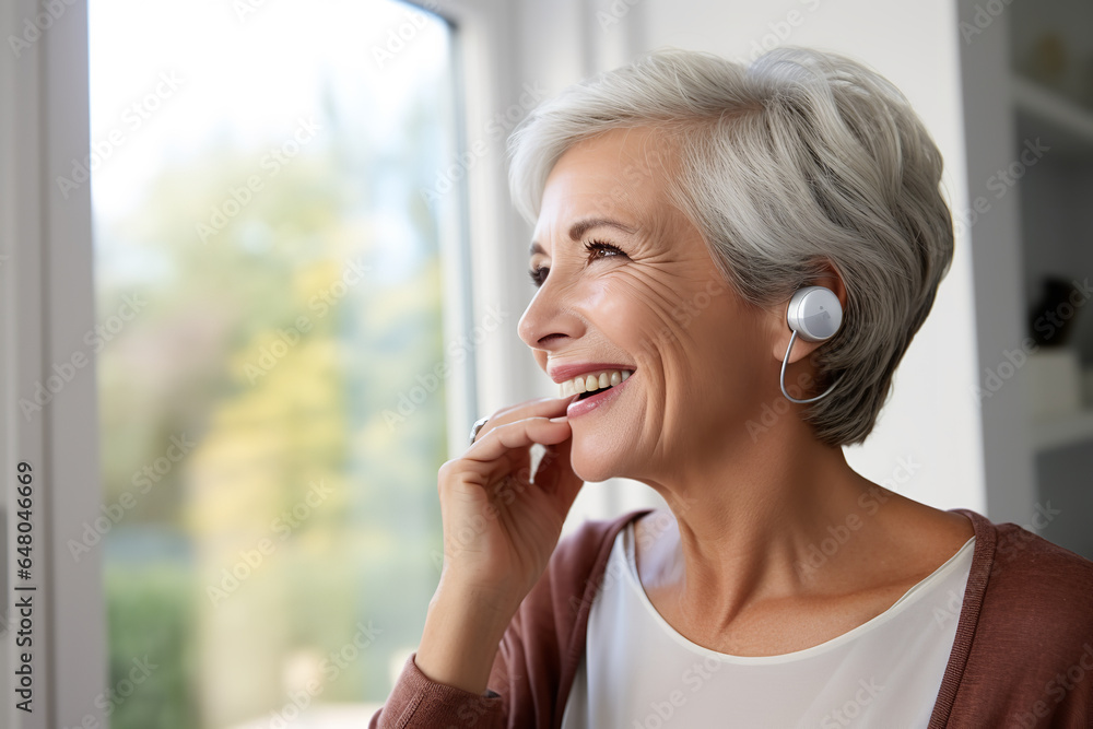 A joyful elderly woman tweaks her sleek, cutting-edge hearing aid, grateful for the technology that enhances her auditory experience A joyful elderly woman tweaks her sleek, cutting-edge hearing aid, grateful for the technology that enhances her auditory experience