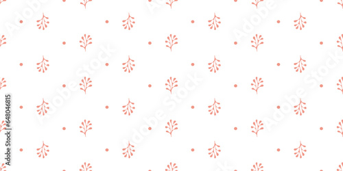 Seamless decorative pattern of delicate flowers and dots on a white background. Decorative print for children's textiles and printing on paper.