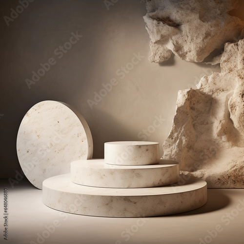 3D stone product display on vintage grunge background, Minimal marble showcase stage, simple nature dais, studio lighting, Generative AI.