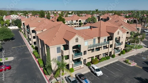 Apartment condos in Arizona. Aerial establishing shot of affordable housing in Southwest USA.