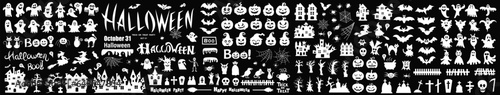 Big set of silhouettes of Halloween on a black background. Vector illustration