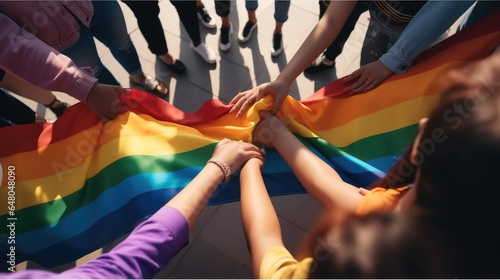 Spirit of unity and support for LGBTQ community, Social activism campaigns, Diverse group of people holding hands with the LGBTQ rainbow flag, Top view.